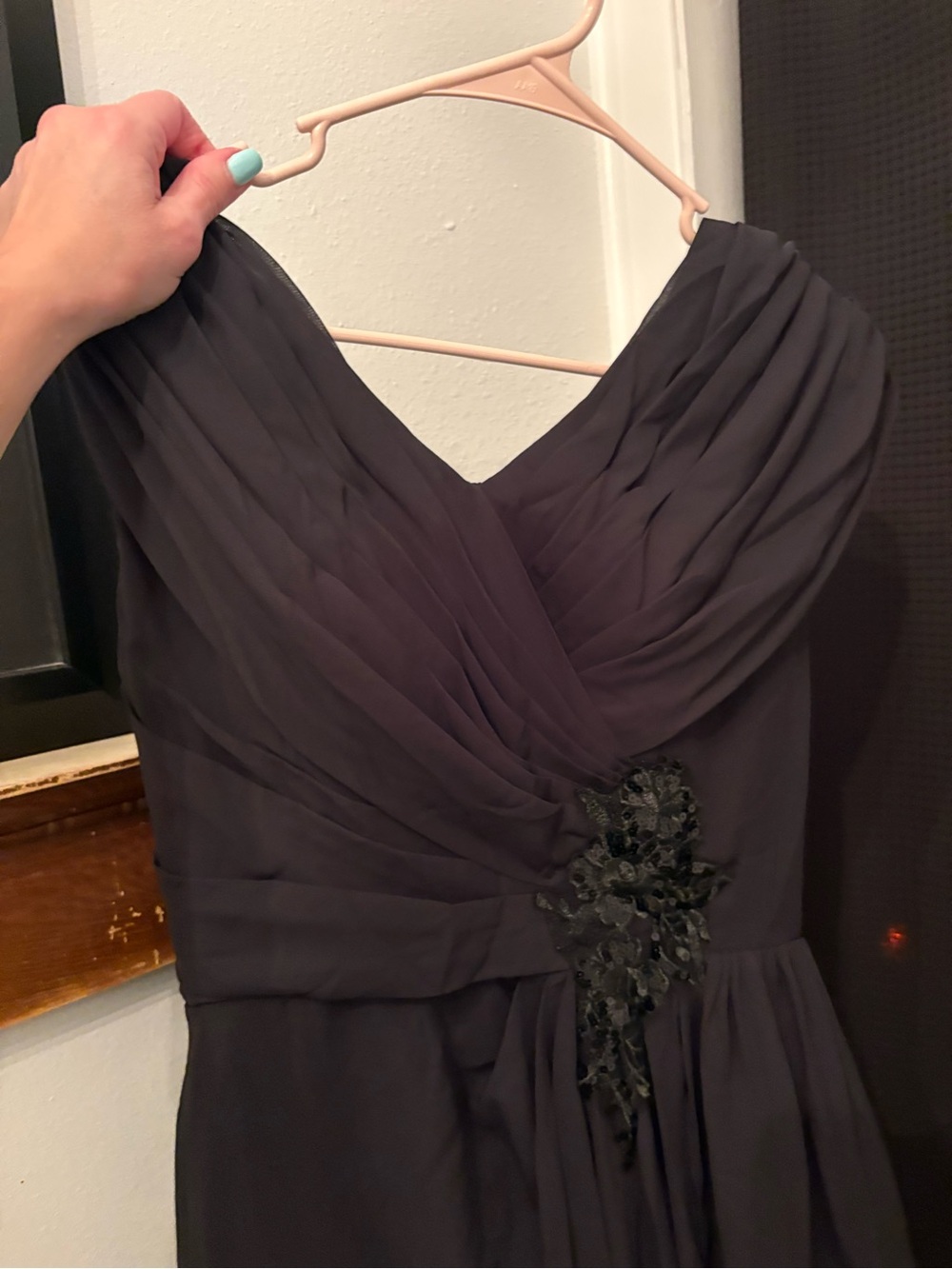 Black Pleated Evening Dress with Floral Applique